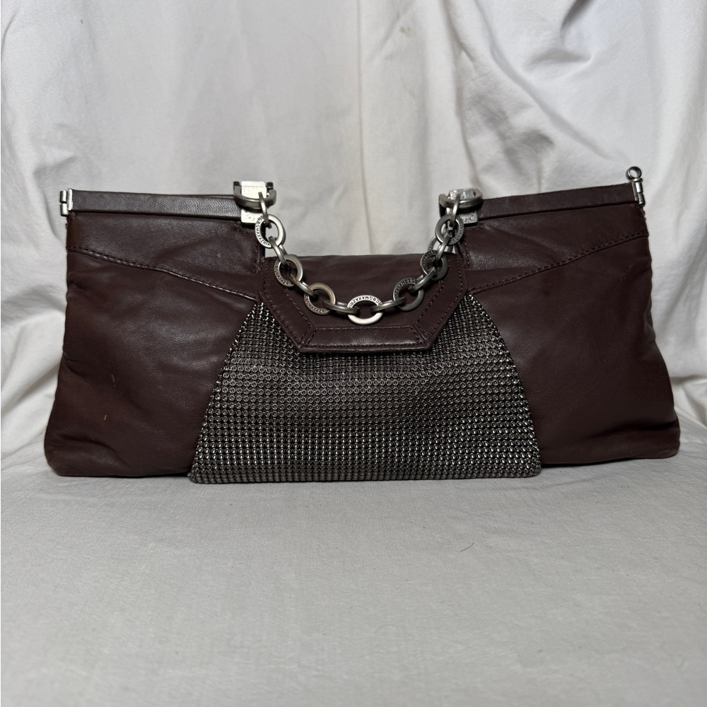 BCBGMaxAzria Dark Brown Clutch with Silver Chain Accent